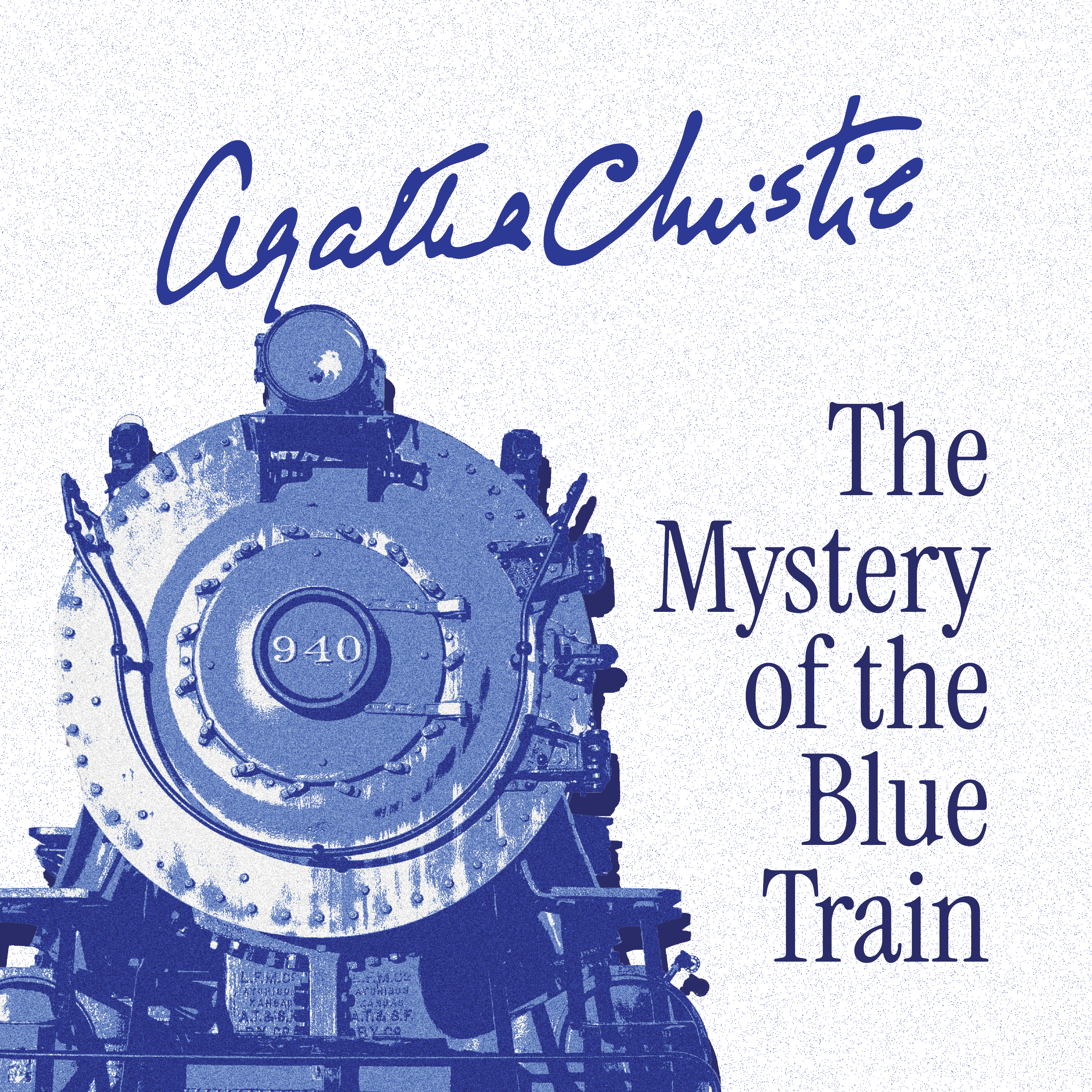 Audiobook cover image for "The Mystery of the Blue Train" by Agatha Christie, published by Casa Carlini, featuring a blue train illustration.