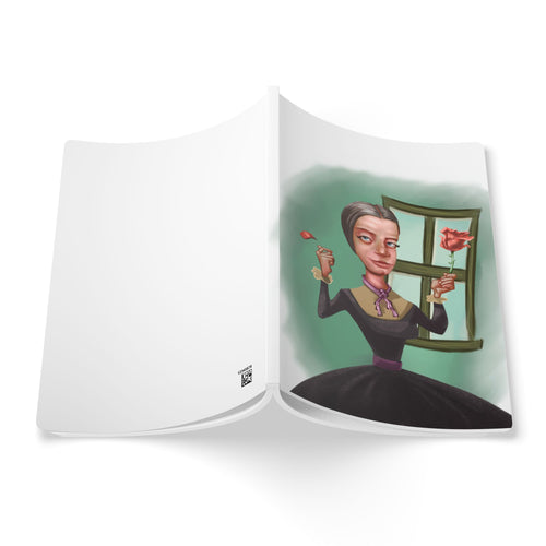 Emily Dickinson softcover journal with retro portrait illustration, ruled pages, ideal for writers and gift use.