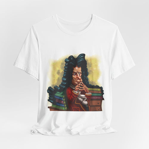 White Gottfried Leibniz unisex T-shirt featuring a minimalist icon of the German philosopher and mathematical genius.