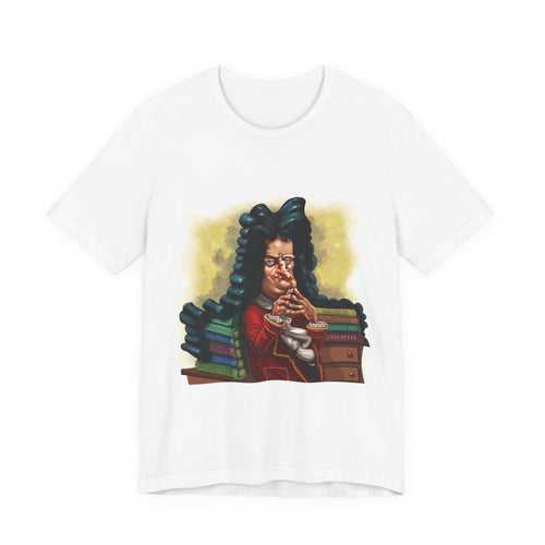White unisex Gottfried Leibniz T-shirt featuring a graphic of the German philosopher and mathematical genius, lightweight and casual style.
